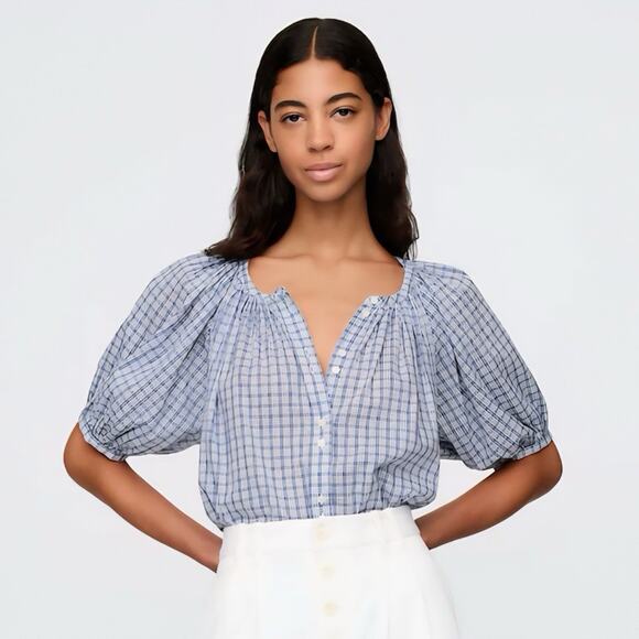 Doen Tops - NWT Gap x DÔEN Gingham Puff Sleeve Cotton Blouse Blue Check Button Front Large
